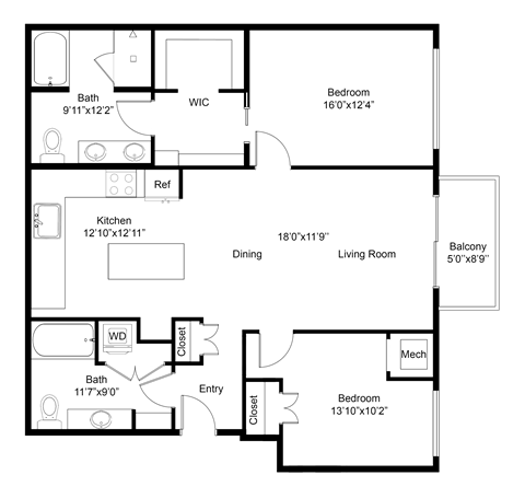 Floor plan for 2 beds, 2 baths, 1193 sqft